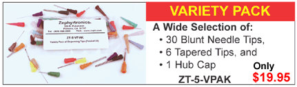 Variety pack of dispensing needles, half-inch and one inch industrial dispensing needles, tapered tips and hub caps